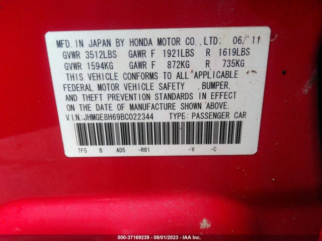 2011 HONDA FIT SPORT VIN: JHMGE8H69BC022344
