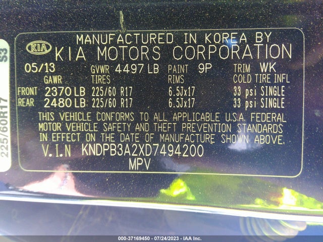 2013 KIA SPORTAGE LX VIN: KNDPB3A2XD7494200