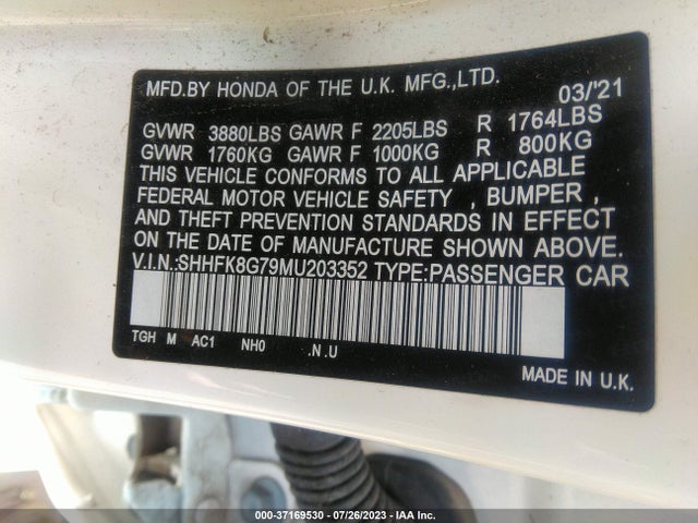 2021 HONDA CIVIC TYPE-R TOURING VIN: SHHFK8G79MU203352