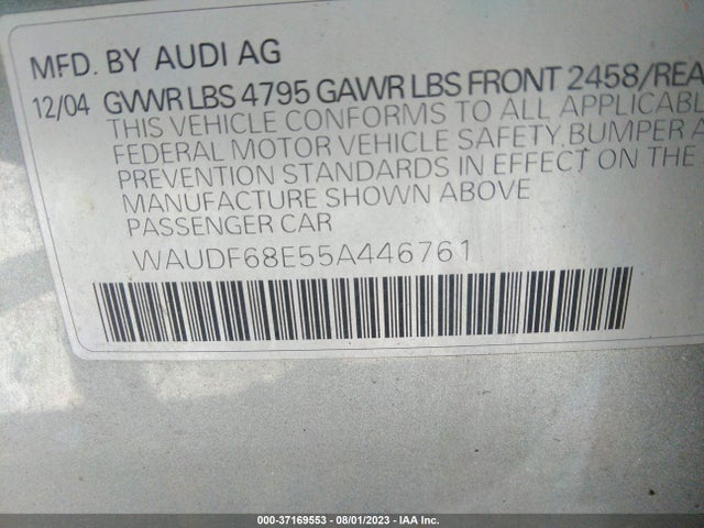 2005 AUDI A4 2.0T VIN: WAUDF68E55A446761