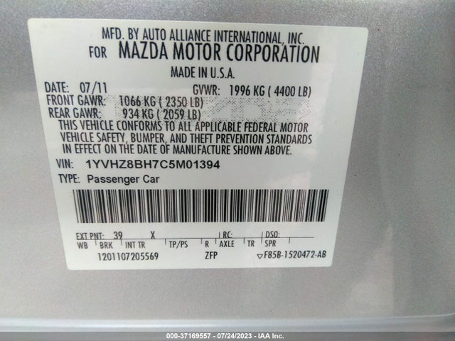 2012 MAZDA MAZDA6 I SPORT VIN: 1YVHZ8BH7C5M01394