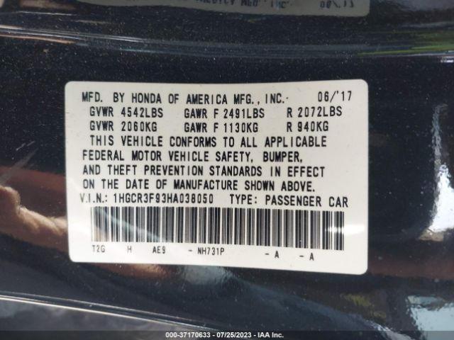 1HGCR3F93HA038050 Honda Accord Sedan Touring