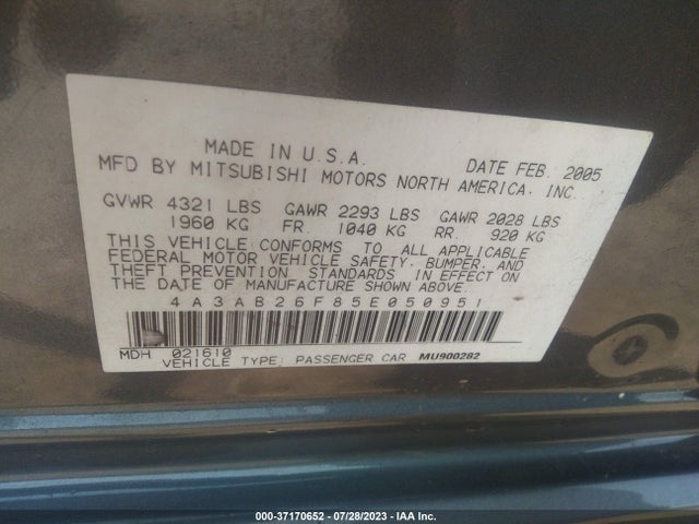 2005 MITSUBISHI GALANT DE VIN: 4A3AB26F85E050951