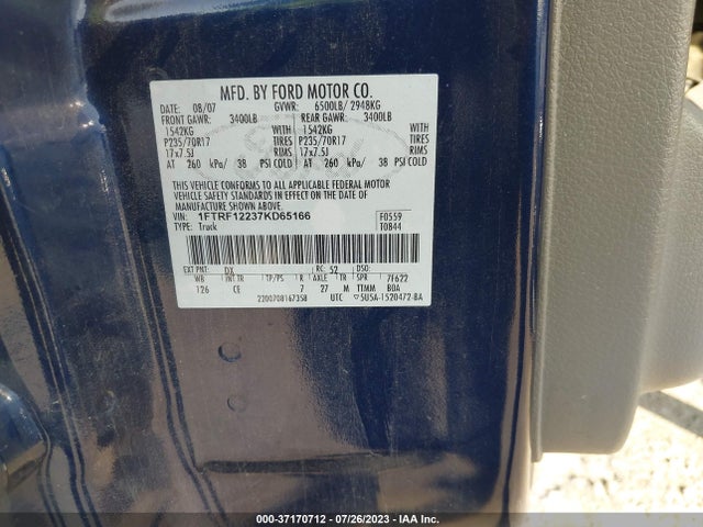 2007 FORD F-150 XL/STX/XLT VIN: 1FTRF12237KD65166