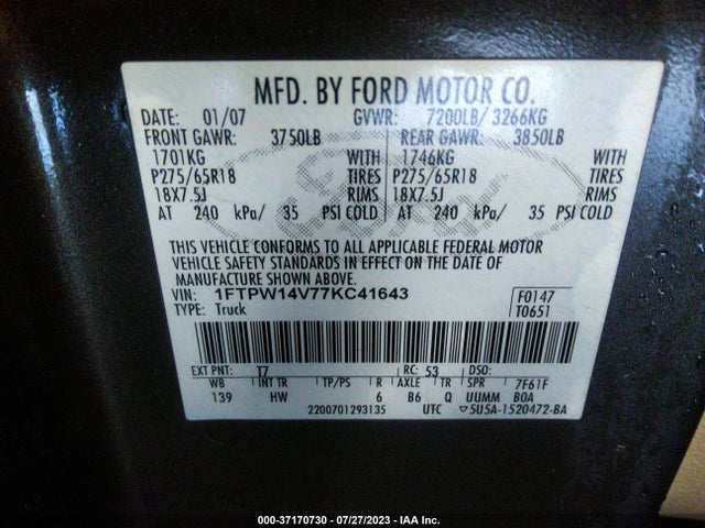 2007 FORD F-150 XLT/FX4/LARIAT/KING RANCH VIN: 1FTPW14V77KC41643