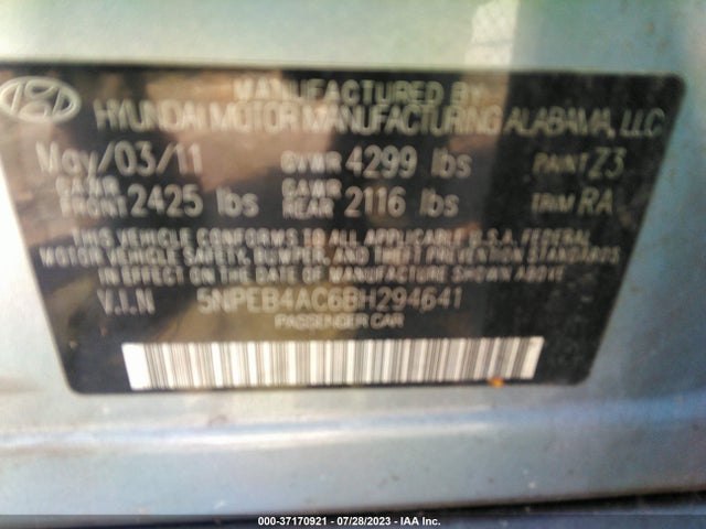 2011 HYUNDAI SONATA GLS PZEV VIN: 5NPEB4AC6BH294641