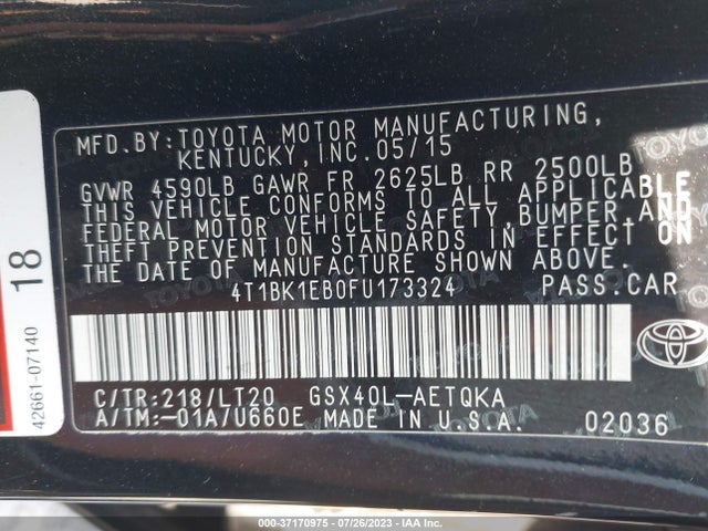 2015 TOYOTA AVALON LIMITED VIN: 4T1BK1EB0FU173324