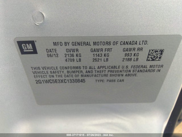 2012 CHEVROLET IMPALA LTZ VIN: 2G1WC5E3XC1330845