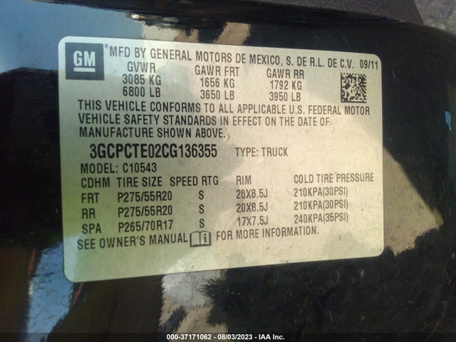 2012 CHEVROLET SILVERADO 1500 LTZ VIN: 3GCPCTE02CG136355