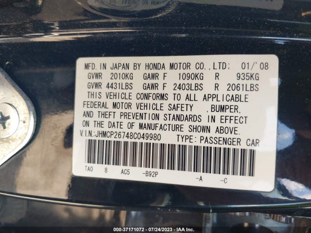 2008 HONDA ACCORD SDN EX VIN: JHMCP26748C049980