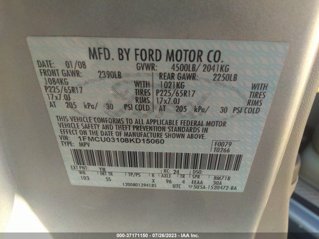 2008 FORD ESCAPE XLT VIN: 1FMCU03108KD15060