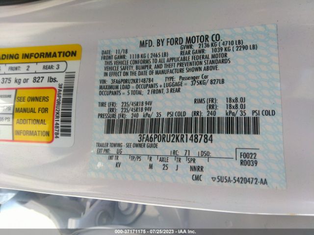 3FA6P0RU2KR148784 Ford Fusion Hybrid Titanium
