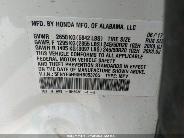Honda Pilot Touring 2017 5FNYF6H95HB053765 Image 9
