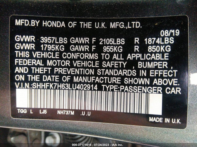 Honda Civic Hatchback Ex 2020 SHHFK7H63LU402914 Image 9