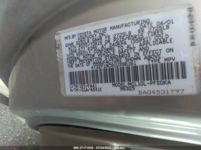 2001 TOYOTA SIENNA CE VIN: 4T3ZF19C91U396161