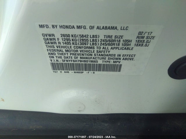 Honda Pilot Ex-l 2017 5FNYF6H79HB019665 Image 9
