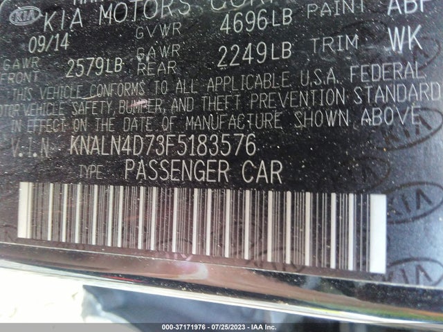 2015 KIA CADENZA LIMITED VIN: KNALN4D73F5183576