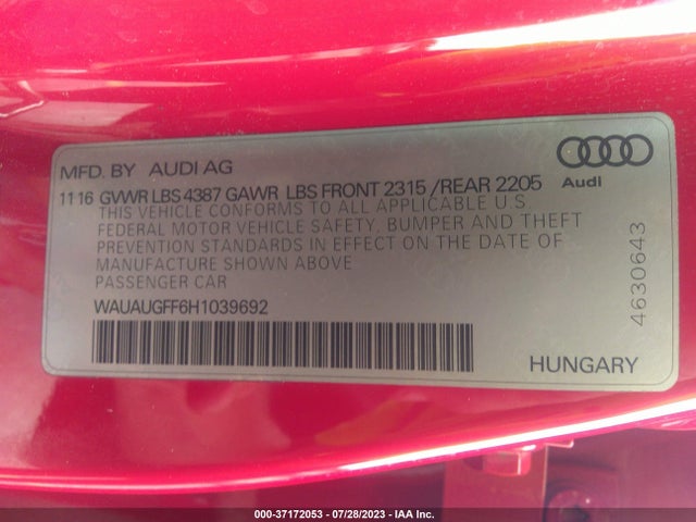 WAUAUGFF6H1039692 Audi A3 Sedan Premium