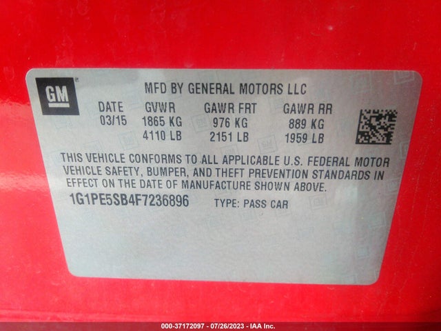 Chevrolet CRUZE LT 2015 1G1PE5SB4F7236896 Image 9