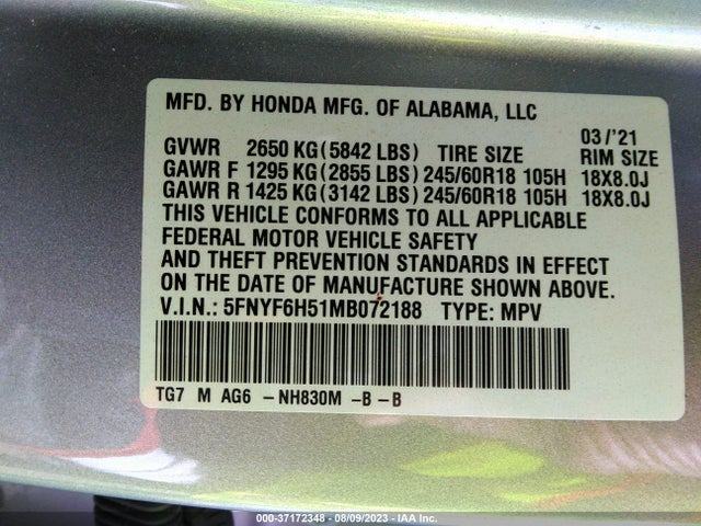 Honda Pilot Ex-l 2021 5FNYF6H51MB072188 Image 15