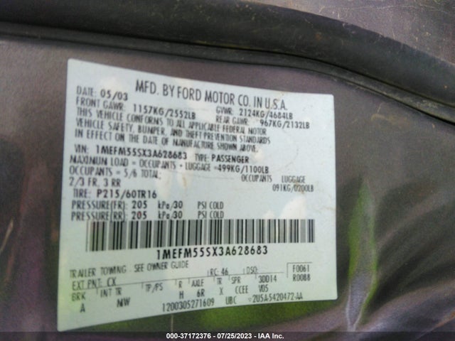 2003 MERCURY SABLE LS PREMIUM VIN: 1MEFM55SX3A628683
