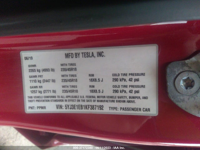 Tesla Model 3 Performance/long Range 2019 5YJ3E1EB1KF387192 Image 9