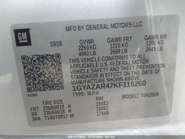 1GYAZAR47KF115260 Cadillac Xt4 Fwd Luxury