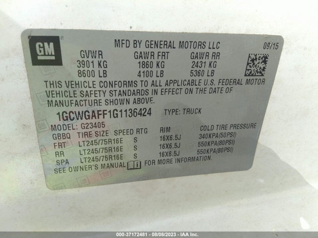 Chevrolet EXPRESS CARGO VAN 2016 1GCWGAFF1G1136424 Image 15