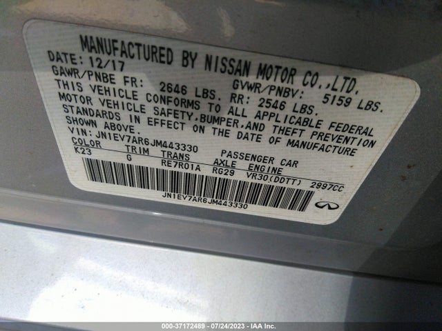 2018 INFINITI Q50 3.0T LUXE VIN: JN1EV7AR6JM443330