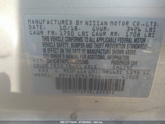 37172525 :رقم المزاد ، 3N1CN7APXKL825345 vin ، 2019 Nissan Versa Sedan Sv مزاد بيع