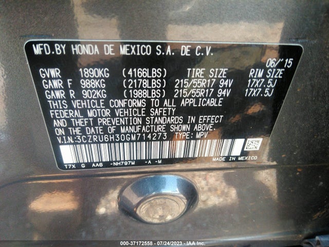 Honda HR-V LX 2016 3CZRU6H30GM714273 Image 9