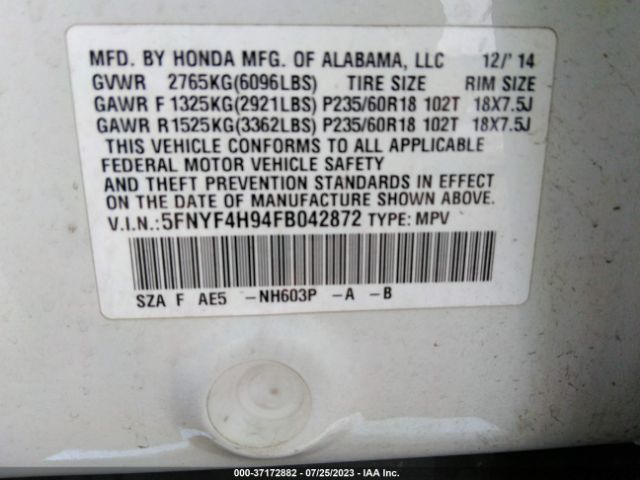 5FNYF4H94FB042872 Honda Pilot Touring
