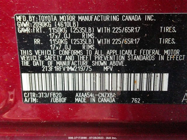 2021 TOYOTA RAV4 LE VIN: 2T3F1RFV1MW219775