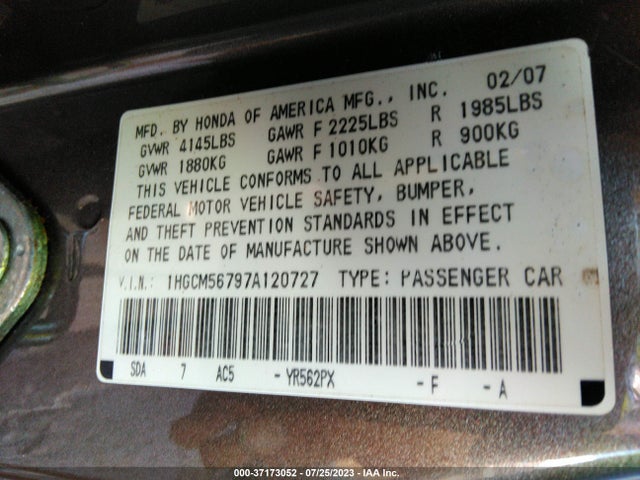 2007 HONDA ACCORD SDN EX/EX-L VIN: 1HGCM56797A120727