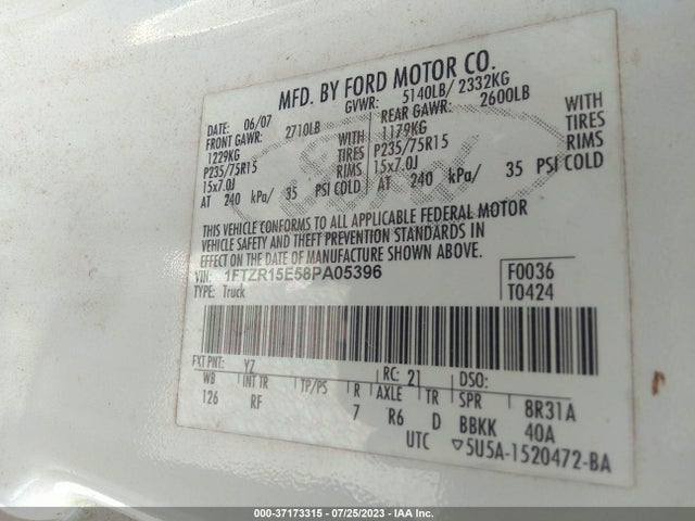 2008 FORD RANGER XL/XLT/SPORT/FX4 OFF-RD VIN: 1FTZR15E58PA05396