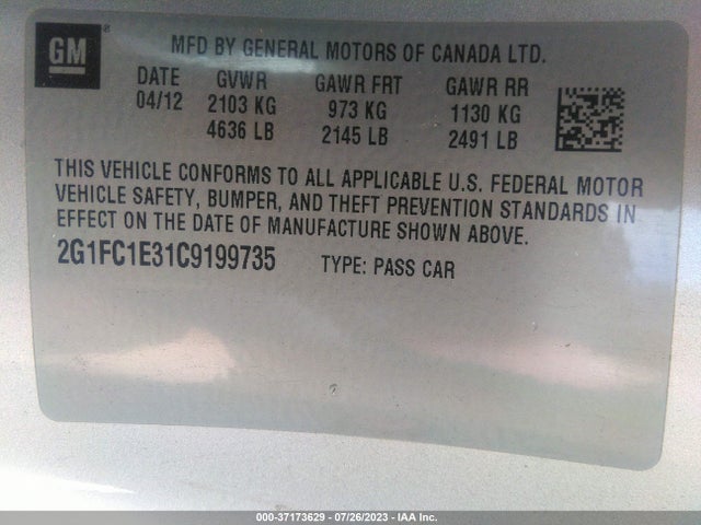 2012 CHEVROLET CAMARO 2LT VIN: 2G1FC1E31C9199735
