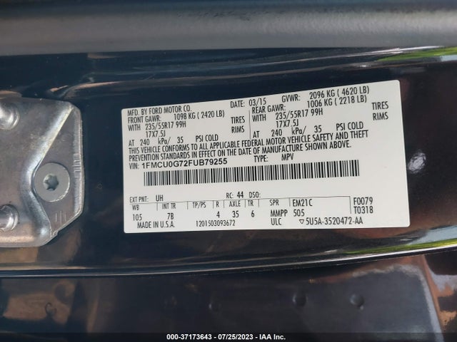 2015 FORD ESCAPE SE VIN: 1FMCU0G72FUB79255