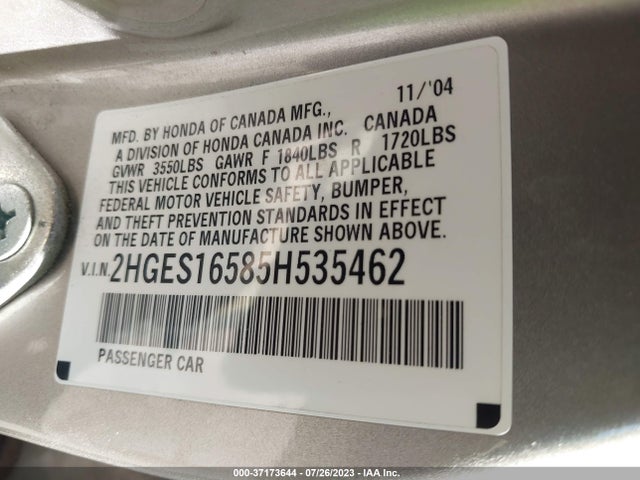 2005 HONDA CIVIC SDN LX VIN: 2HGES16585H535462