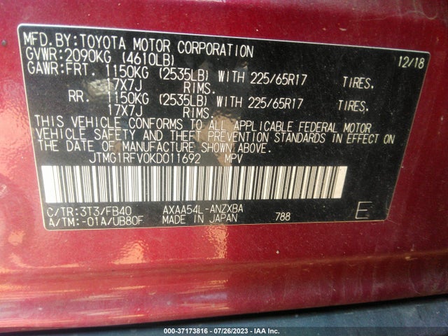 2019 TOYOTA RAV4 LE VIN: JTMG1RFV0KD011692