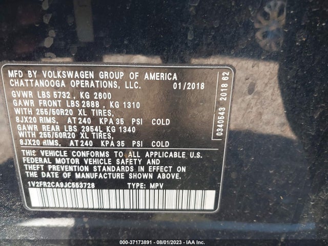 1V2FR2CA9JC553728 Volkswagen Atlas 3.6l V6 Se W/technology