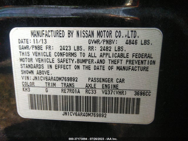 2013 INFINITI G37 SEDAN X VIN: JN1CV6AR4DM769892