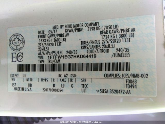 1FTFW1EG7HKD64419 Ford F-150 Xl/xlt/lariat