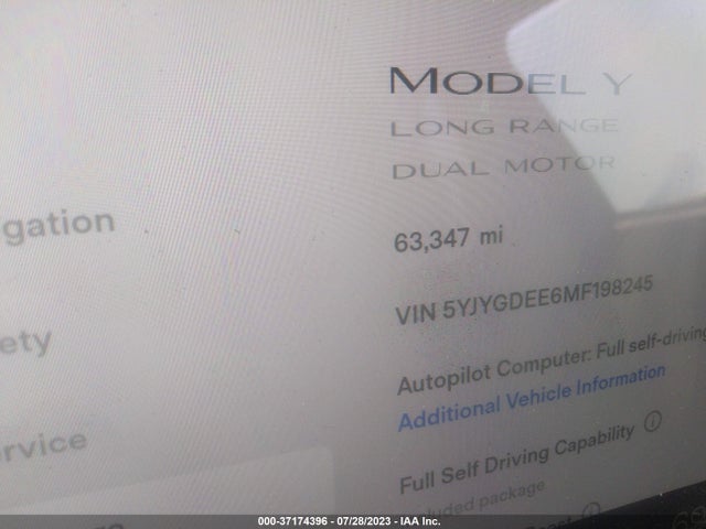2021 TESLA MODEL Y LONG RANGE VIN: 5YJYGDEE6MF198245