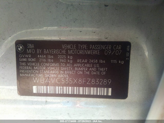 2008 BMW 3 SERIES 328I VIN: WBAVC535X8FZ83289