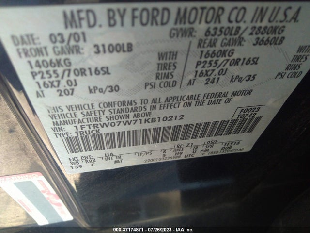 2001 FORD F-150 SUPERCREW XLT/LARIAT VIN: 1FTRW07W71KB10212