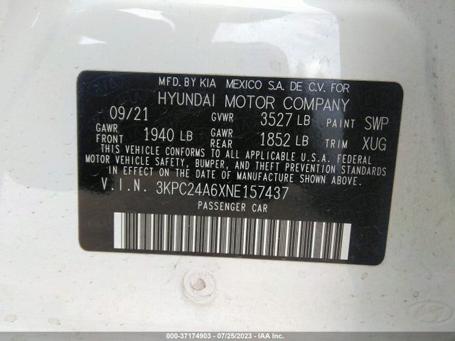 2022 HYUNDAI ACCENT SEL VIN: 3KPC24A6XNE157437