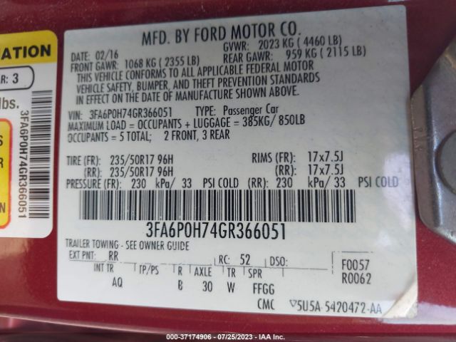 3FA6P0H74GR366051 Ford FUSION SE