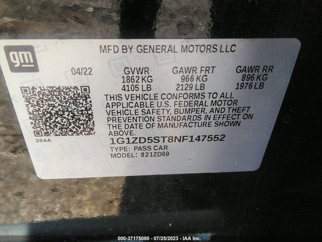 Chevrolet MALIBU LT 2022 1G1ZD5ST8NF147552 Image 9