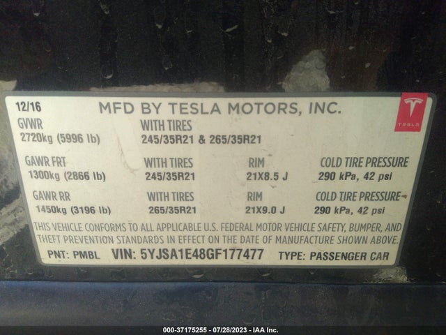 Tesla Model S P100d 2016 5YJSA1E48GF177477 Image 16