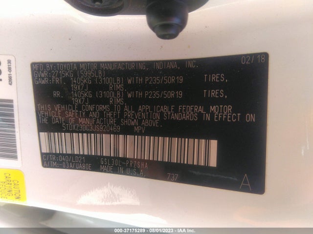2018 TOYOTA SIENNA SE VIN: 5TDXZ3DC3JS920469